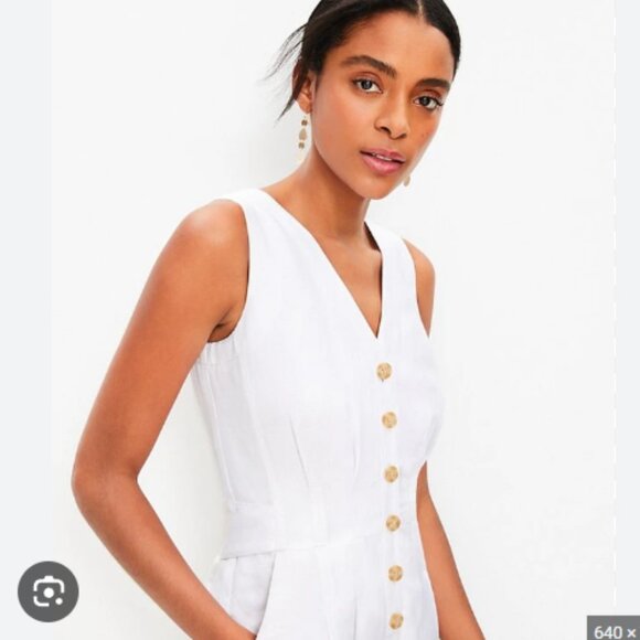 NWT LOFT White Linen Blend Sleeveless‎ Button-Front Romper Sz 12 - Picture 3 of 14